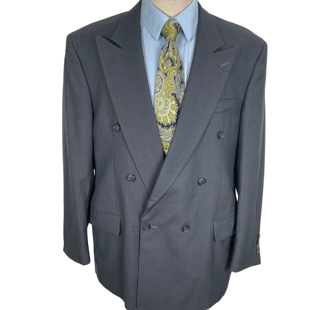 Gianfranco Ruffini Suit Jacket 44R Gray Plaid Double Breasted Blazer Tailored‎